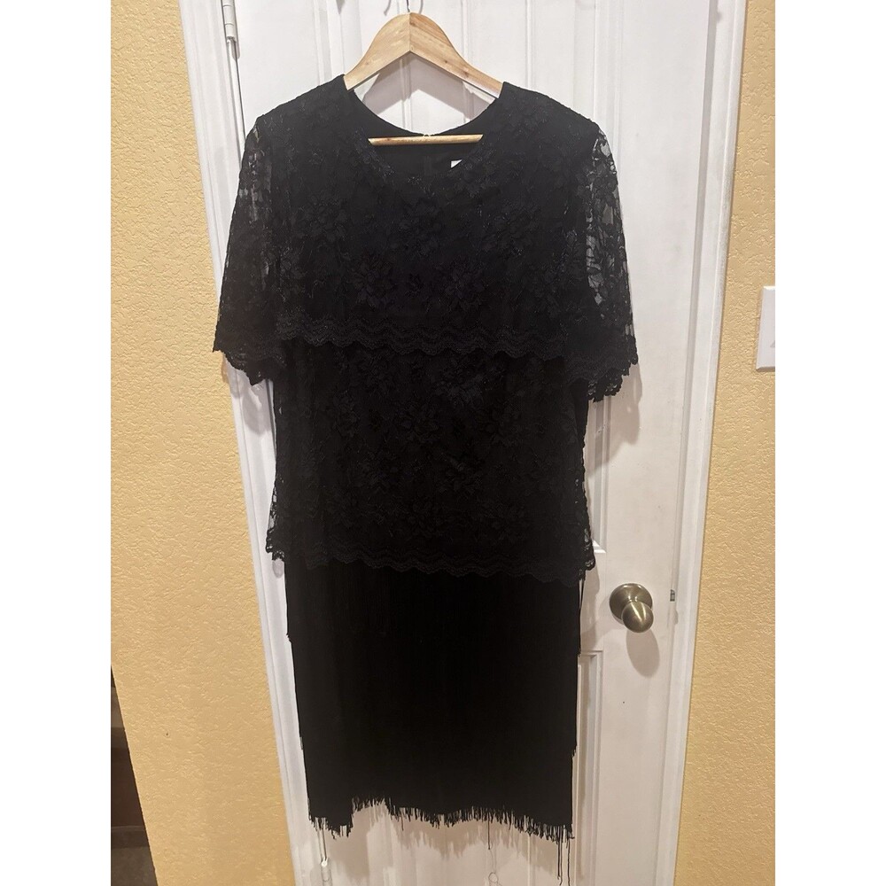 Vintage Serbin black sheer lace and fringe dress Size 18W